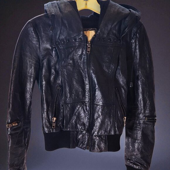 Black Faux Leather Moto Jacket w/ Hood – XXS Petite/Teen Punk Style - Picture 1 of 11